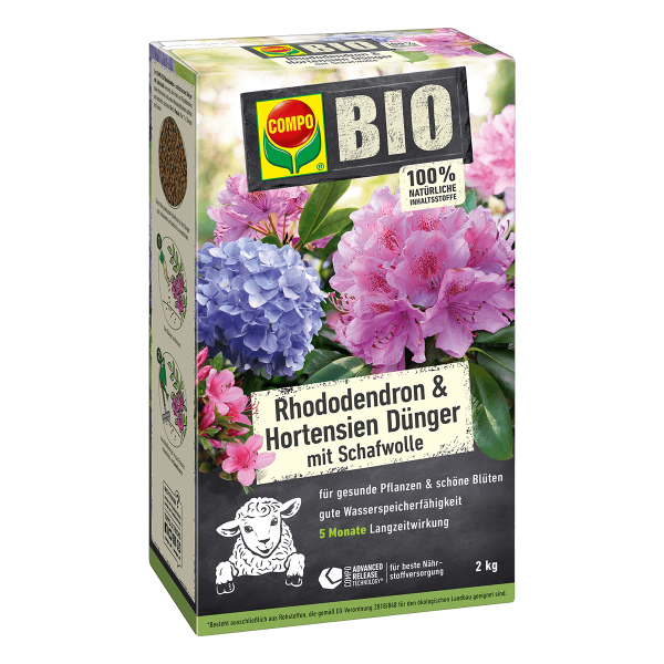 COMPO BIO Rhododendron und Hortensien Langzeit-Dünger mit Schafwolle 2 kg