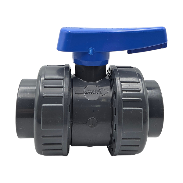 PVC Kugelhahn IG mit 2 Überwurf-Verschraubungen, 1 1/4" IG, PN16