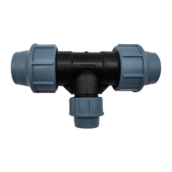 90° T-Stück reduziert Klemmverschraubung für PE-Rohr, 50 x 25 x 50, DVGW, Unidelta