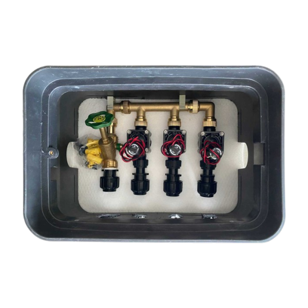 Ventilbox betriebsfertig, inkl. Wasserverteiler + Entleerung, 3 Magnetventile 9 V