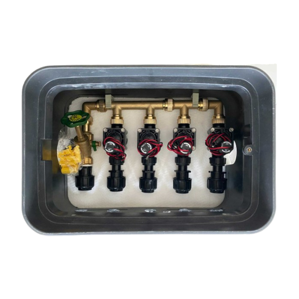 Ventilbox betriebsfertig, inkl. Wasserverteiler + Entleerung, 4 Magnetventile 9 V